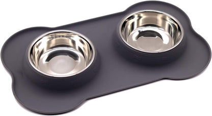M&J Bone-Shaped Dog Bowl Stainless Steel Dog Bowl, 2 Medium-Sized Bowls (13.3 Ounces Each) Leak-Free, Non-Slip Silicone Pad, Used for Small Dogs, Pets, Cats Feeding Bowls,Gray