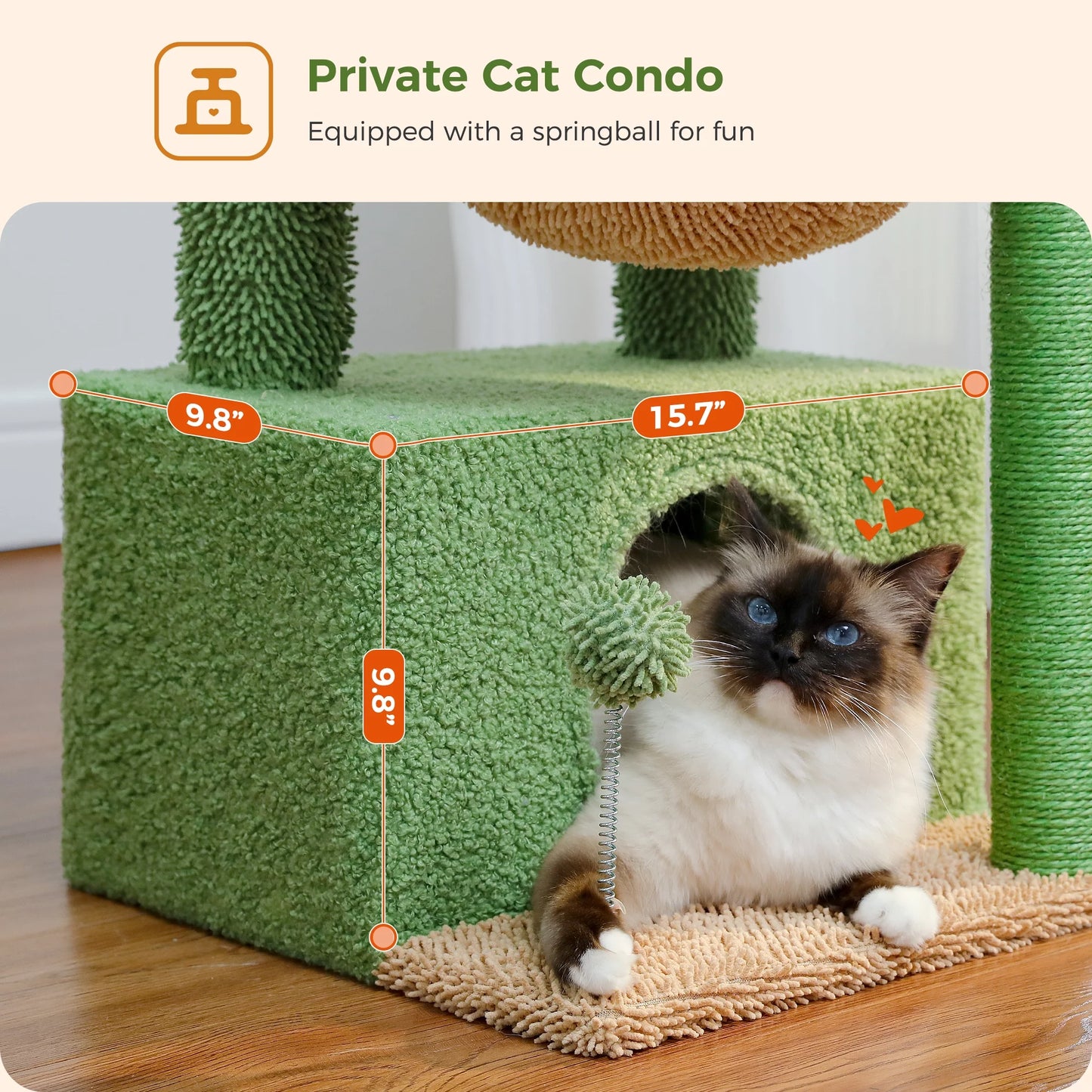 Cute Cactus Cat Tree Tower - 33" Scratching Post with Spacious Top Perch and Cozy Hammock for Medium Indoor Cats - Green