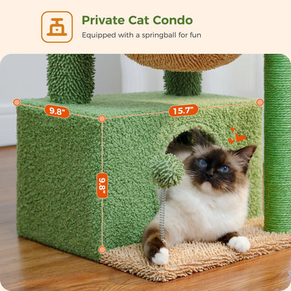 Cute Cactus Cat Tree Tower - 33" Scratching Post with Spacious Top Perch and Cozy Hammock for Medium Indoor Cats - Green