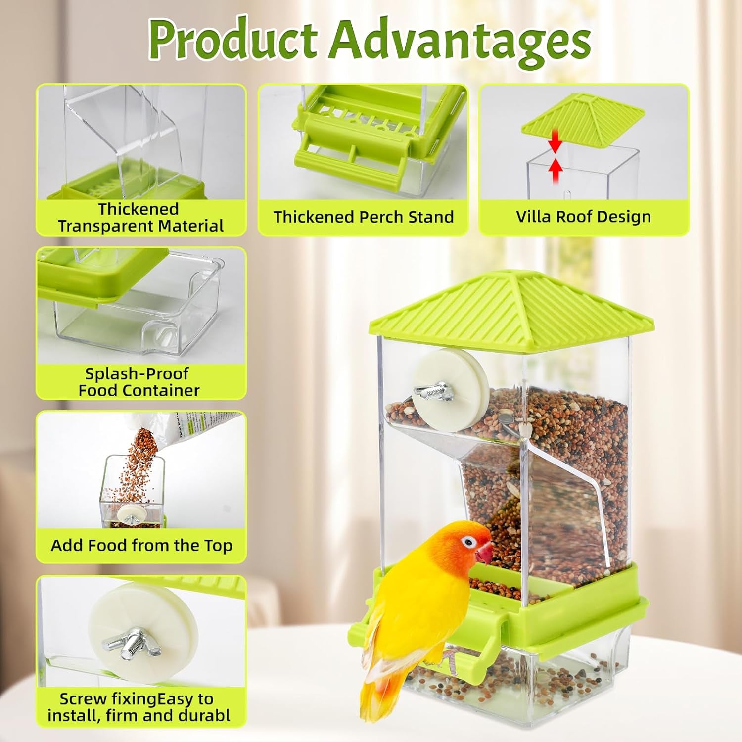 No Mess Bird Water Feeder Dispenser Set Automatic Bird Feeder for Cage Transparent Food Container for Cage Acrylic Parrot Seed Feeders Accessories for Small Birds Parrot Cockatoo Canary