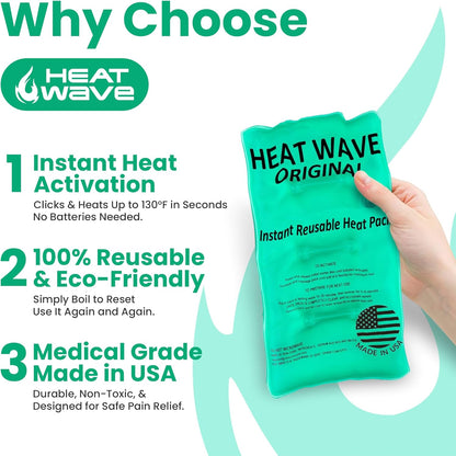 Instant Heat Packs Medium (5×9”)- Medical Grade Reusable Green 1-Pack Fast and HOT - Made in USA for Muscle Aches, Back, Arm, Shoulder, Pain Relief, Warmth on the Go; Heating Pad Click Heat