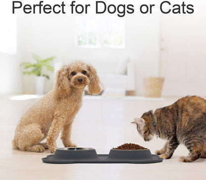 M&J Bone-Shaped Dog Bowl Stainless Steel Dog Bowl, 2 Medium-Sized Bowls (13.3 Ounces Each) Leak-Free, Non-Slip Silicone Pad, Used for Small Dogs, Pets, Cats Feeding Bowls,Gray