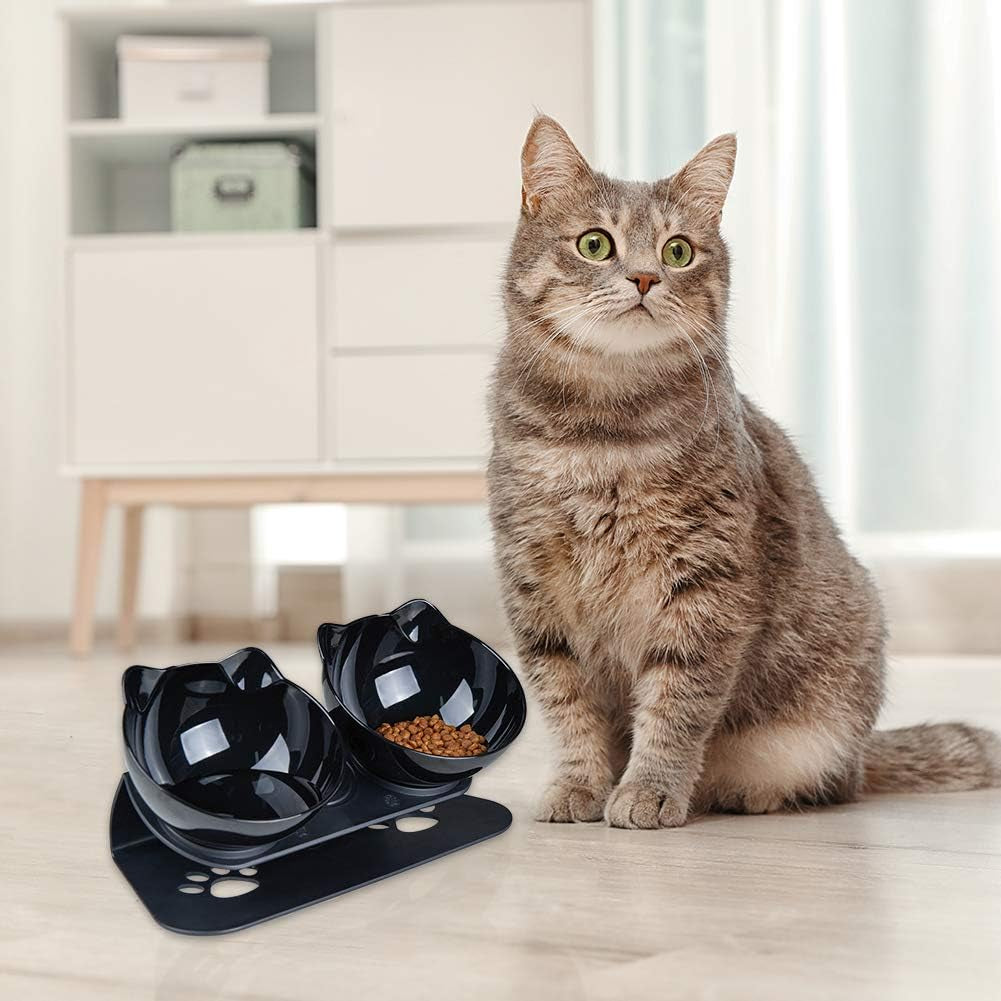Cat Food Bowls Elevated Cat Bowls Tilted 15° Plastic Cat Dishes Double Raised Cat Bowl with Non-Slip Rubber Base Stand for Cats (Black)