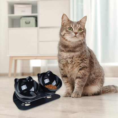 Cat Food Bowls Elevated Cat Bowls Tilted 15° Plastic Cat Dishes Double Raised Cat Bowl with Non-Slip Rubber Base Stand for Cats (Black)