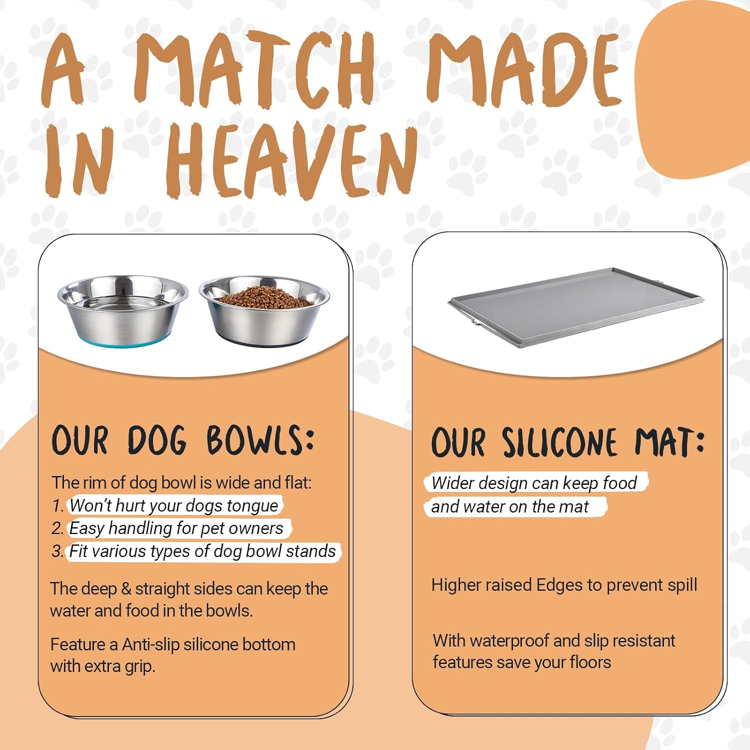 Deep Stainless Steel Anti-Slip Dog Bowls with Silicone Mat - 2 Bowls + Mat, 2 Cups