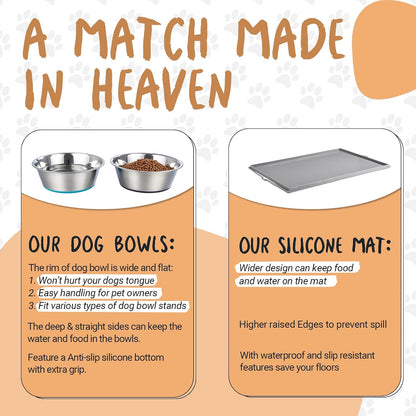 Deep Stainless Steel Anti-Slip Dog Bowls with Silicone Mat - 2 Bowls + Mat, 2 Cups