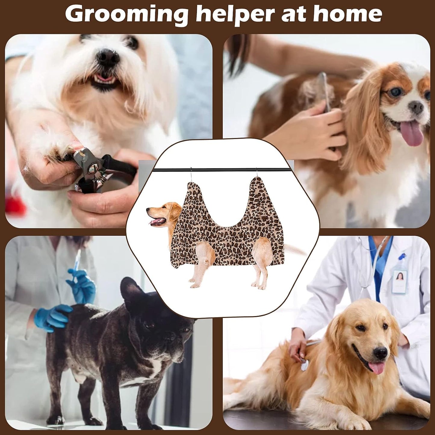 Dog Grooming Hammock, Pet Grooming Hammock Harness for Cats Dogs Grooming Helper Durable Restraint Bag Drying Towel for Bathing Trimming Nail Clipping, with 2 Hooks, Leopard Printing (Small)