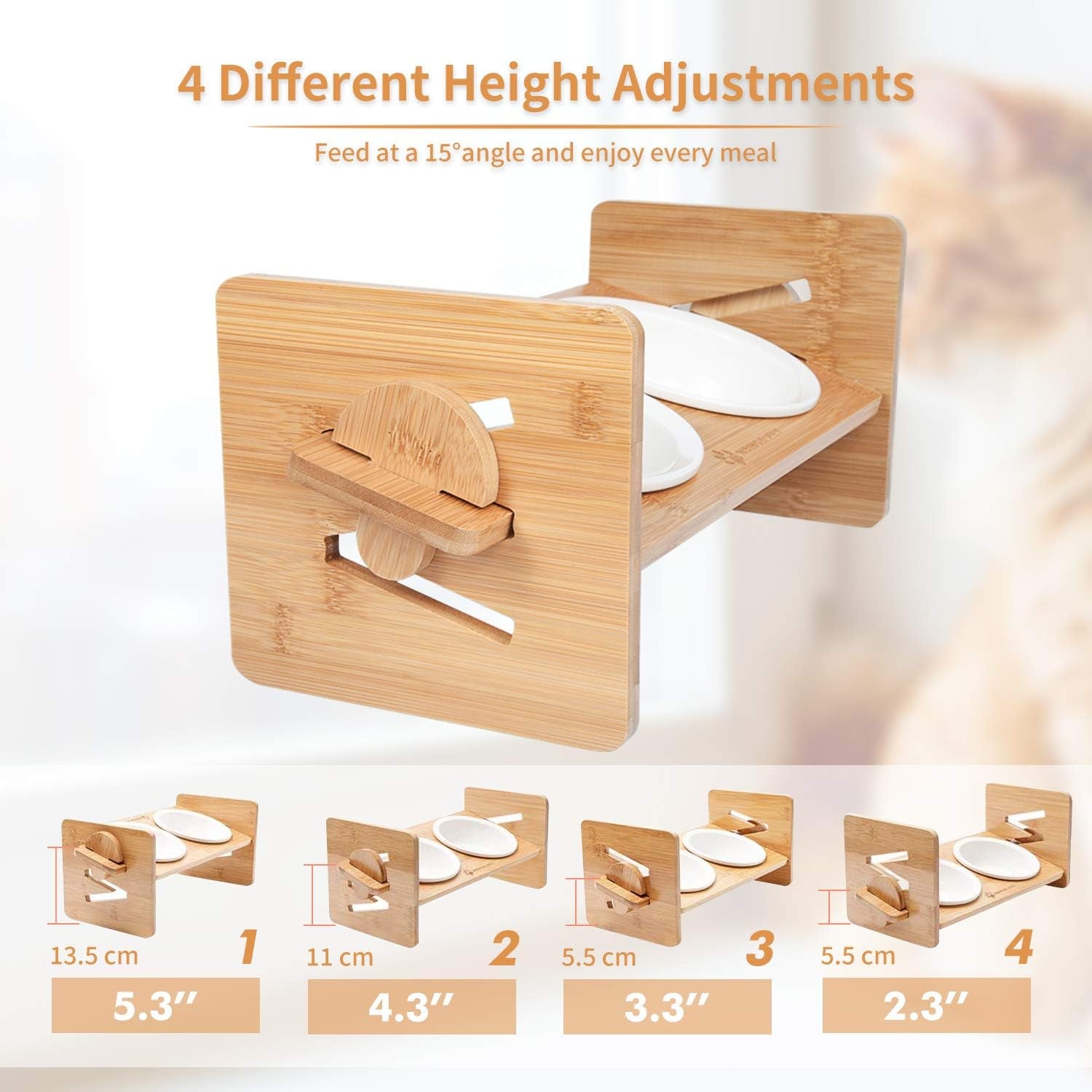 Raised Pet Bowl for Cats and Small Dogs, Adjustable Elevated Dog Cat Food and Water Bowl Stand Feeder with Extra Stainless Steel Bowls (Small to Medium with 4 Bowls)