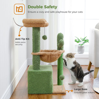 Cute Cactus Cat Tree Tower - 33" Scratching Post with Spacious Top Perch and Cozy Hammock for Medium Indoor Cats - Green