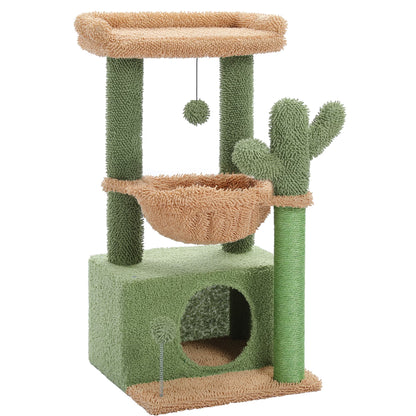 Cute Cactus Cat Tree Tower - 33" Scratching Post with Spacious Top Perch and Cozy Hammock for Medium Indoor Cats - Green
