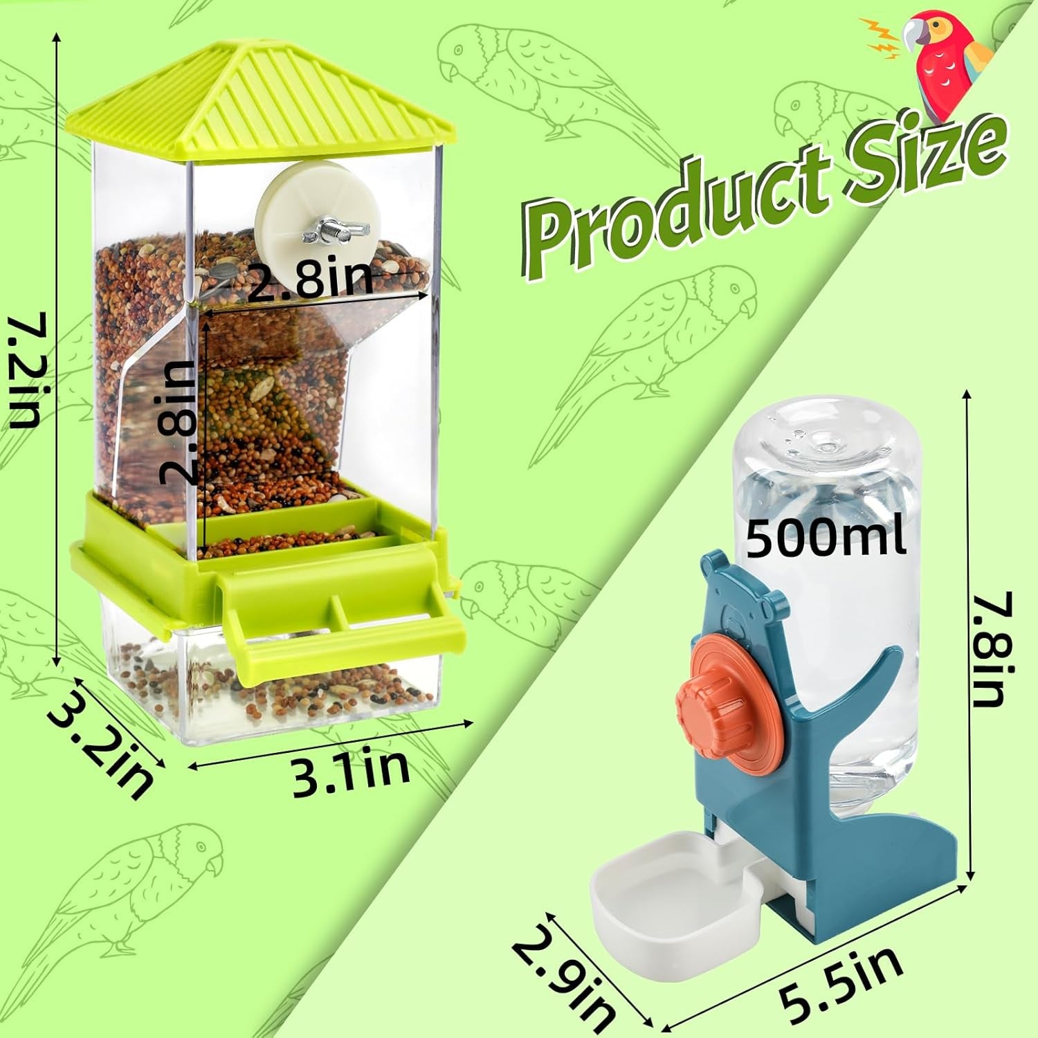 No Mess Bird Water Feeder Dispenser Set Automatic Bird Feeder for Cage Transparent Food Container for Cage Acrylic Parrot Seed Feeders Accessories for Small Birds Parrot Cockatoo Canary