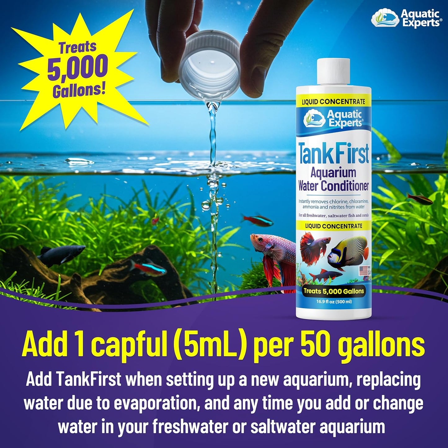 Tankfirst Complete Aquarium Water Conditioner - Fish Water Conditioner, Instantly Removes Chlorine, Chloramines, and Detoxifies Ammonia from Fish Tank (Tankfirst Concentrate, 500 Ml)