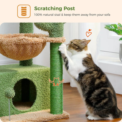 Cute Cactus Cat Tree Tower - 33" Scratching Post with Spacious Top Perch and Cozy Hammock for Medium Indoor Cats - Green