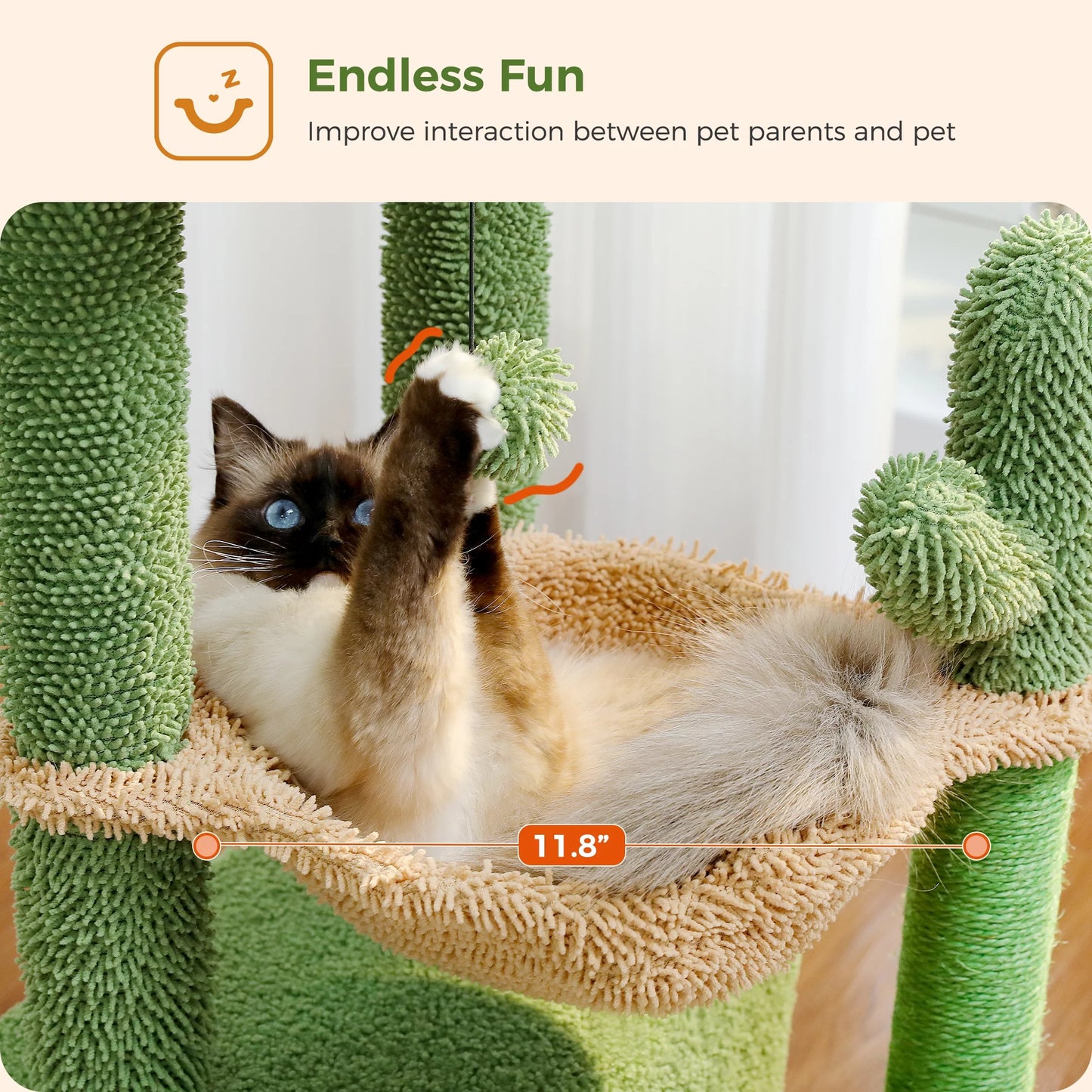 Cute Cactus Cat Tree Tower - 33" Scratching Post with Spacious Top Perch and Cozy Hammock for Medium Indoor Cats - Green