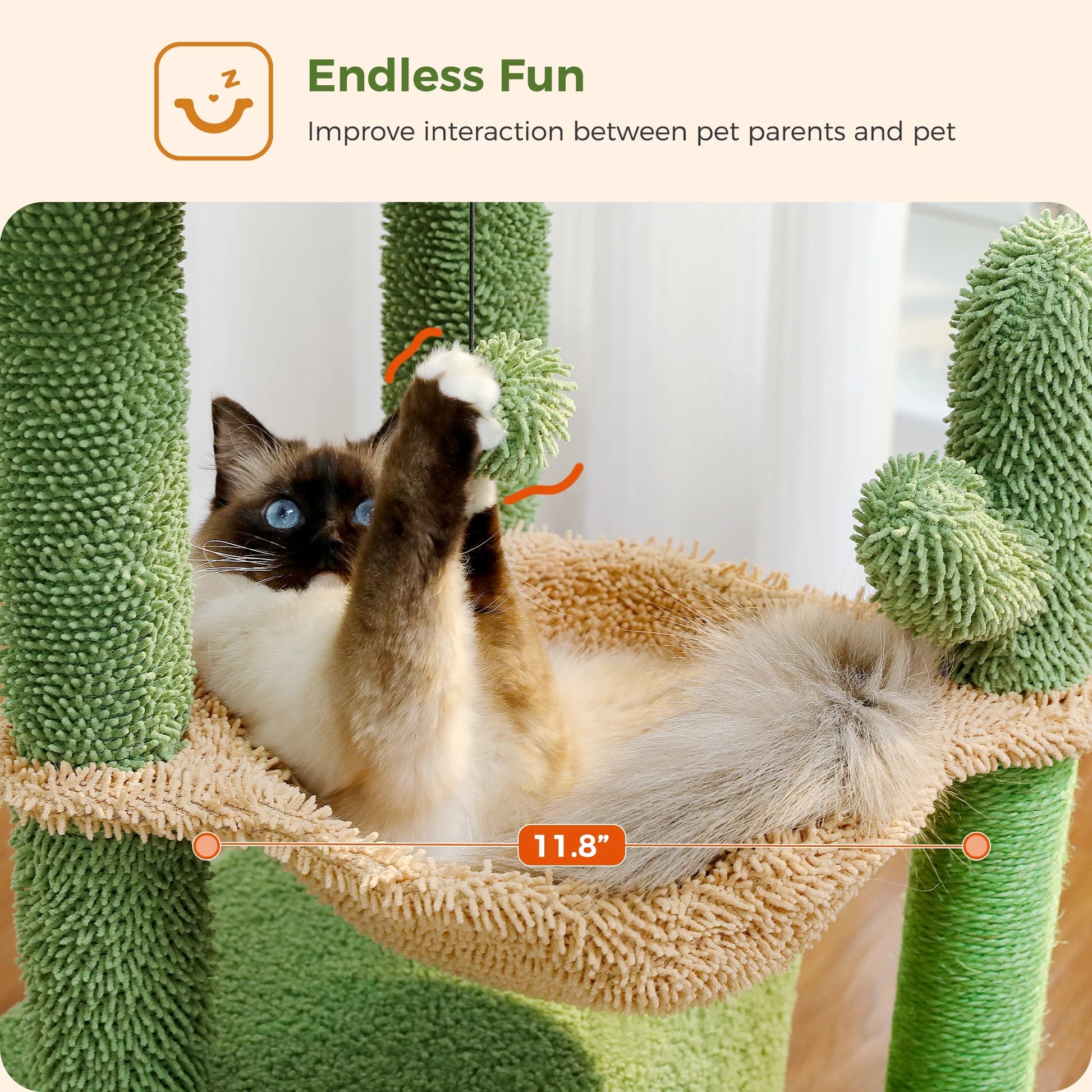 Cute Cactus Cat Tree Tower - 33" Scratching Post with Spacious Top Perch and Cozy Hammock for Medium Indoor Cats - Green