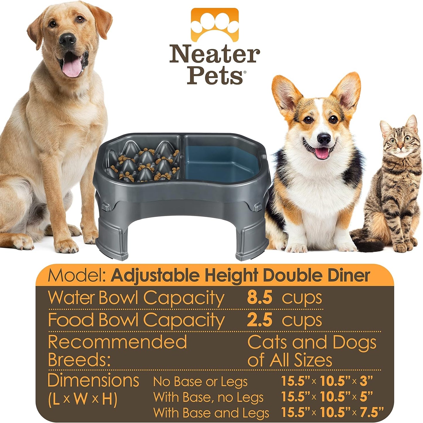 – Neater Raised Slow Feeder Dog Bowl – Elevated and Adjustable Food Height - (Double Diner, Gunmetal)