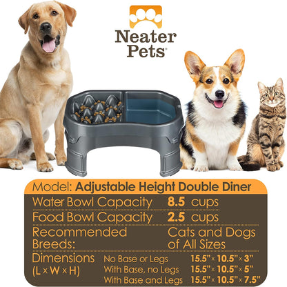 – Neater Raised Slow Feeder Dog Bowl – Elevated and Adjustable Food Height - (Double Diner, Gunmetal)