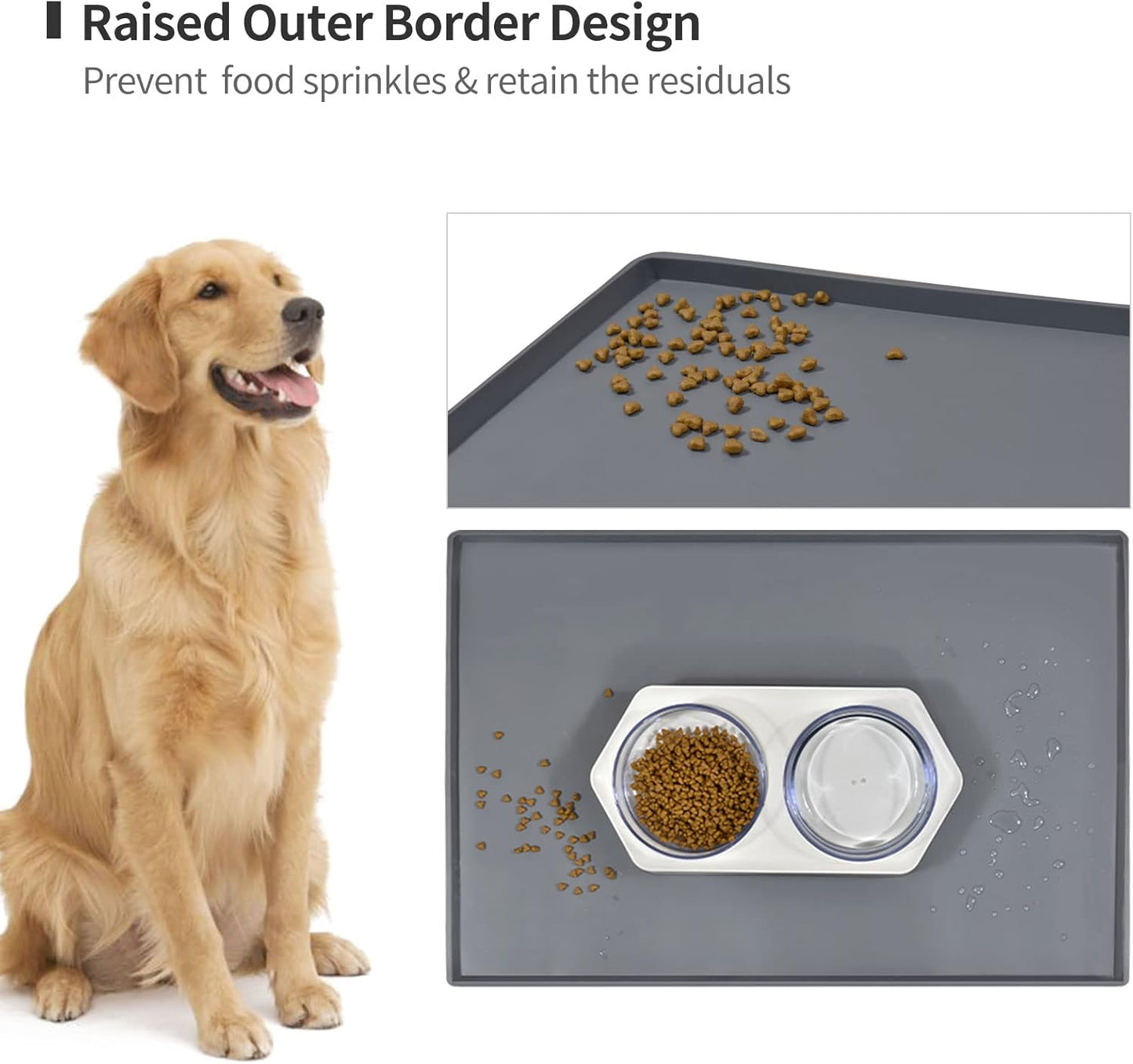 Dog Food Mat,Silicone Waterproof Food Tray,Non Slip Pet Bowl Mats Placemat,0.6" Raised Edge,Suitable for Most Small and Medium Sized Pets,24" X 16"