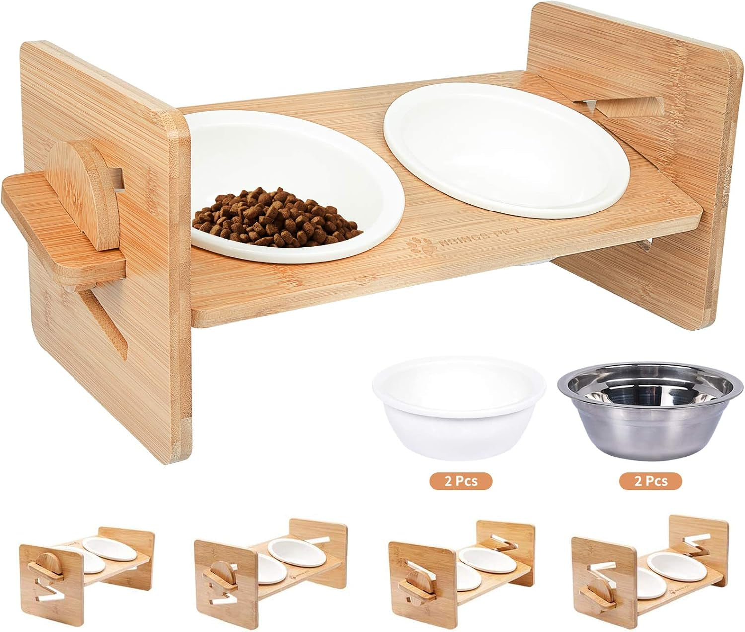 Raised Pet Bowl for Cats and Small Dogs, Adjustable Elevated Dog Cat Food and Water Bowl Stand Feeder with Extra Stainless Steel Bowls (Small to Medium with 4 Bowls)