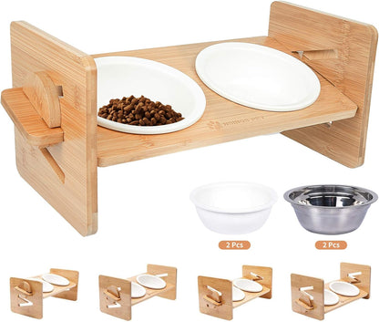 Raised Pet Bowl for Cats and Small Dogs, Adjustable Elevated Dog Cat Food and Water Bowl Stand Feeder with Extra Stainless Steel Bowls (Small to Medium with 4 Bowls)