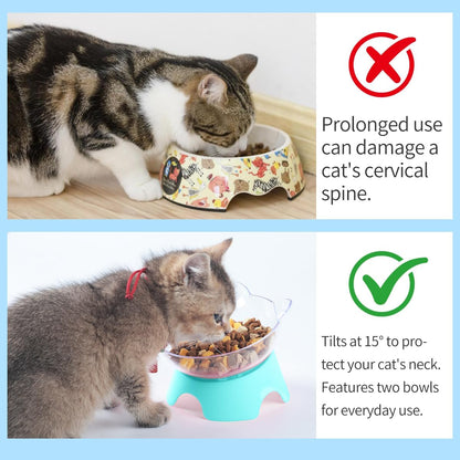 Raised Cat Food Bowls with Stand, Dishes for Food or Water, Tilted Bowl, Pet Dish with Stand (Arcuation-Bule)