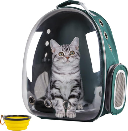 Cat Backpack Bubble Carriers, Airline-Approved Ventilate Transparent Capsule Hands-Free Pet Backpack, for Cats Puppies Travelling Hiking Camping & Outdoor Use (Green)