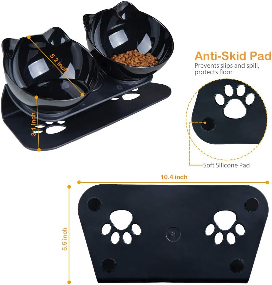 Cat Food Bowls Elevated Cat Bowls Tilted 15° Plastic Cat Dishes Double Raised Cat Bowl with Non-Slip Rubber Base Stand for Cats (Black)