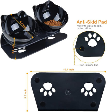 Cat Food Bowls Elevated Cat Bowls Tilted 15° Plastic Cat Dishes Double Raised Cat Bowl with Non-Slip Rubber Base Stand for Cats (Black)