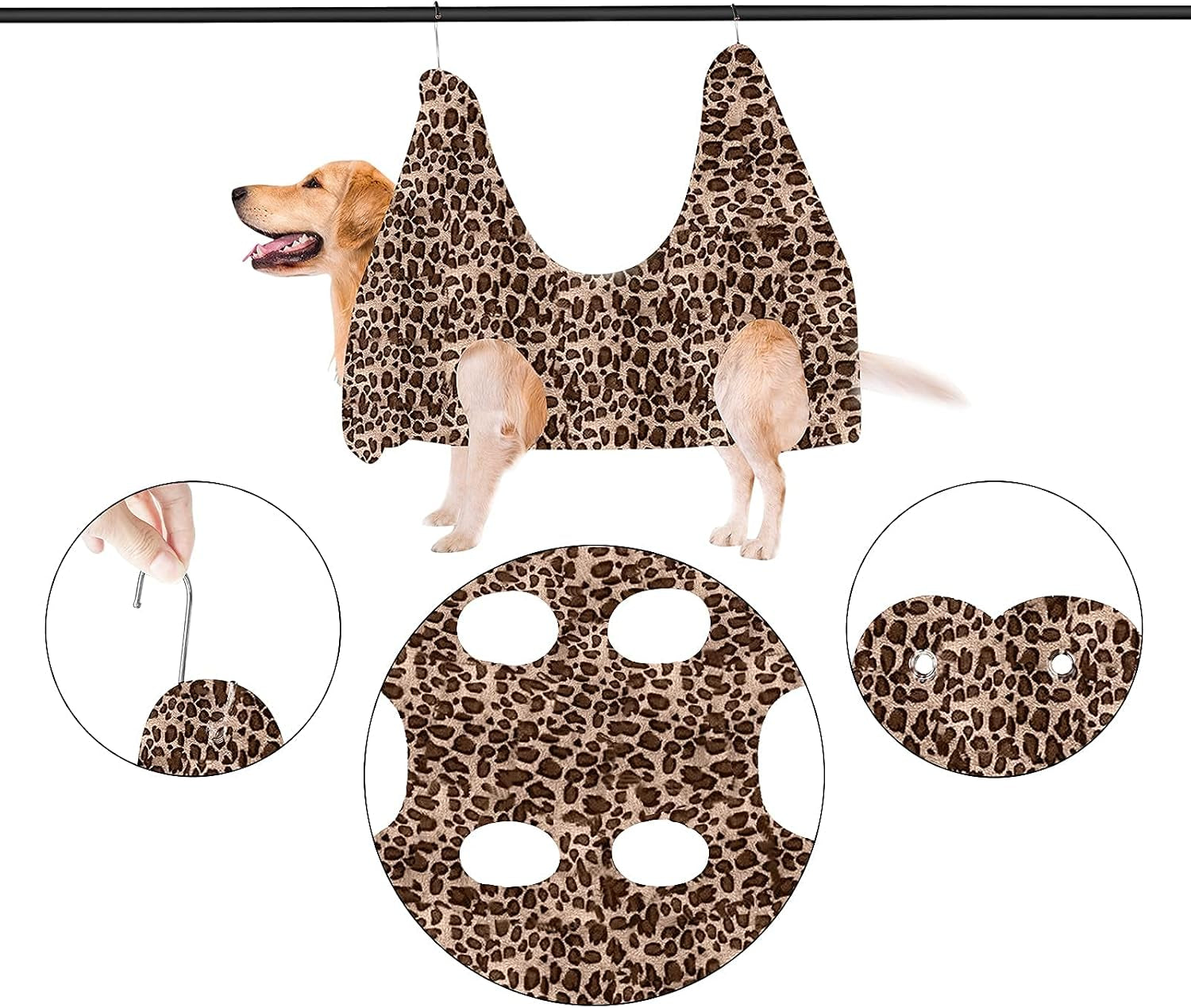 Dog Grooming Hammock, Pet Grooming Hammock Harness for Cats Dogs Grooming Helper Durable Restraint Bag Drying Towel for Bathing Trimming Nail Clipping, with 2 Hooks, Leopard Printing (Small)