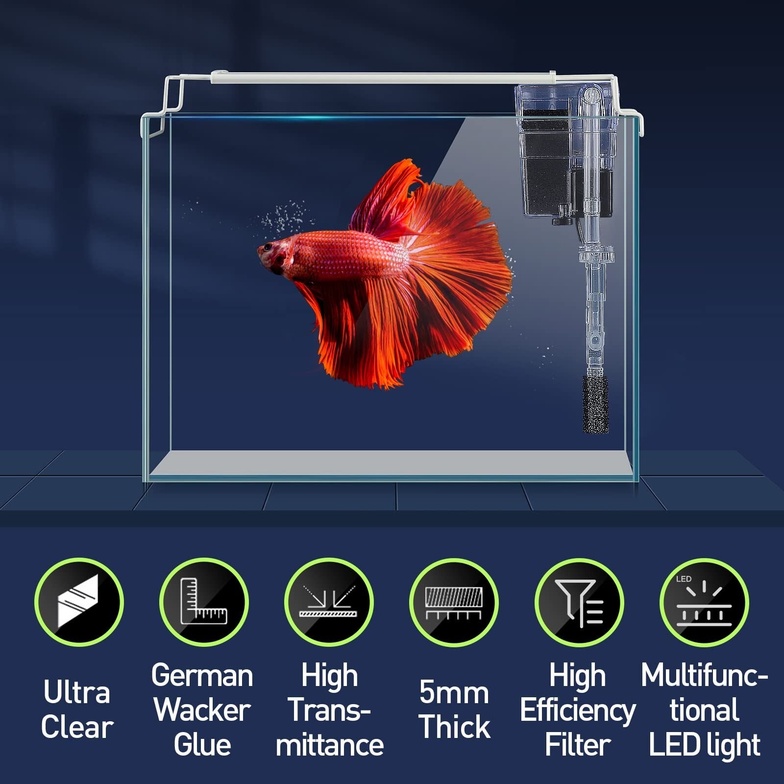 Rimless Glass Aquarium Starter Kit (3 Gal), Ultra Clear Low Iron Glass Fish T...