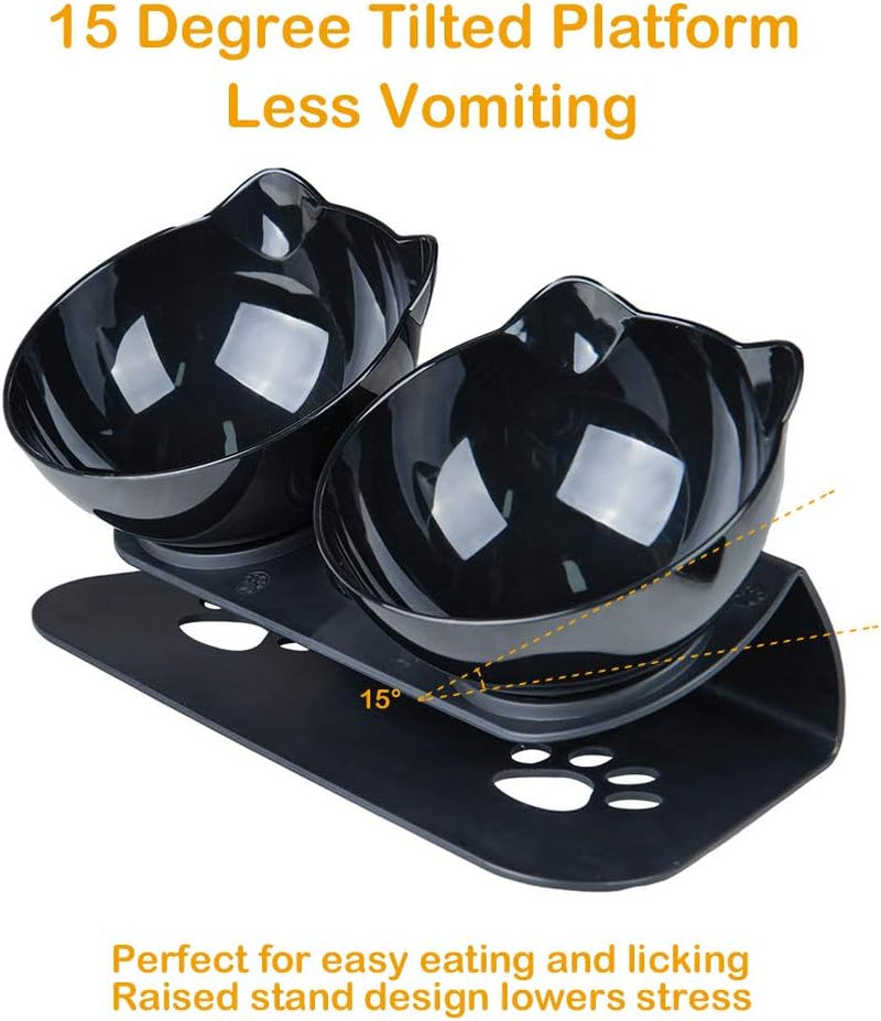 Cat Food Bowls Elevated Cat Bowls Tilted 15° Plastic Cat Dishes Double Raised Cat Bowl with Non-Slip Rubber Base Stand for Cats (Black)