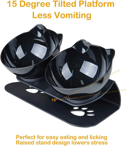 Cat Food Bowls Elevated Cat Bowls Tilted 15° Plastic Cat Dishes Double Raised Cat Bowl with Non-Slip Rubber Base Stand for Cats (Black)