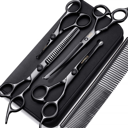 7-Inch Professional 6-in-1 Grooming Scissors for Dogs & Cats - Heavy Duty Titanium Coated with Safety Round Tip