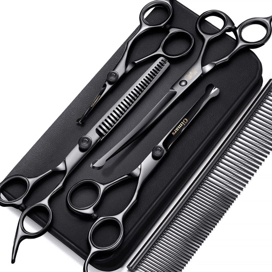 7-Inch Professional 6-in-1 Grooming Scissors for Dogs & Cats - Heavy Duty Titanium Coated with Safety Round Tip