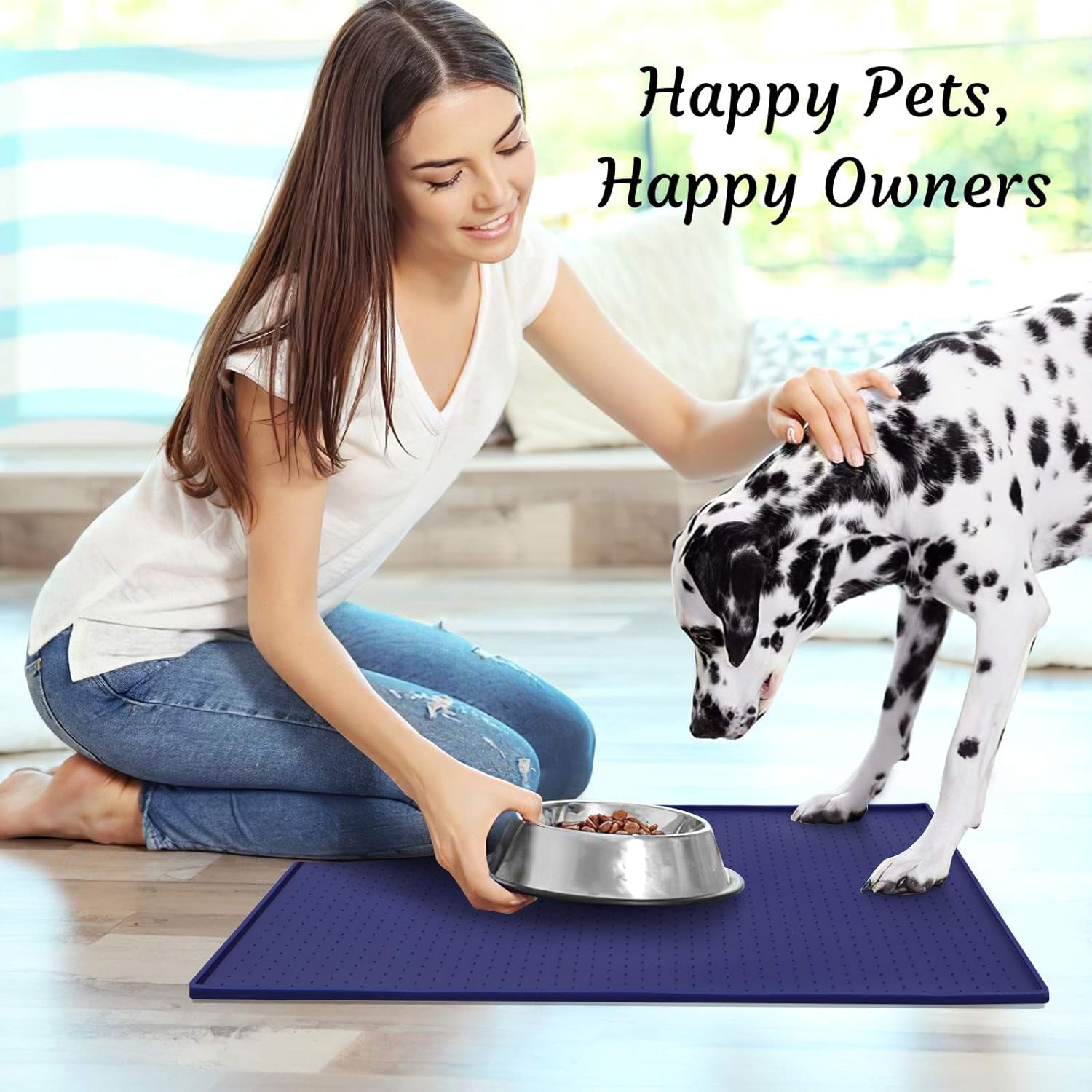 Silicone Dog Food Mat - Waterproof Dog Bowl Mats for Food and Water Bowls, Raised Edges Non-Slip Cat Food Mat, BPA Free Pet Mats for Dog Bowls (Small, Navy)