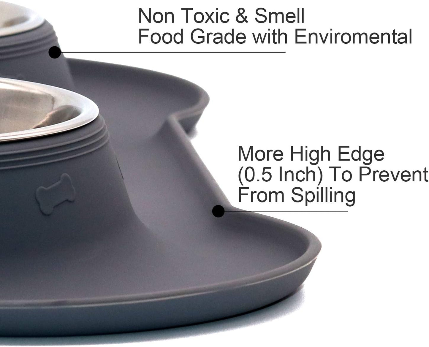 M&J Bone-Shaped Dog Bowl Stainless Steel Dog Bowl, 2 Medium-Sized Bowls (13.3 Ounces Each) Leak-Free, Non-Slip Silicone Pad, Used for Small Dogs, Pets, Cats Feeding Bowls,Gray
