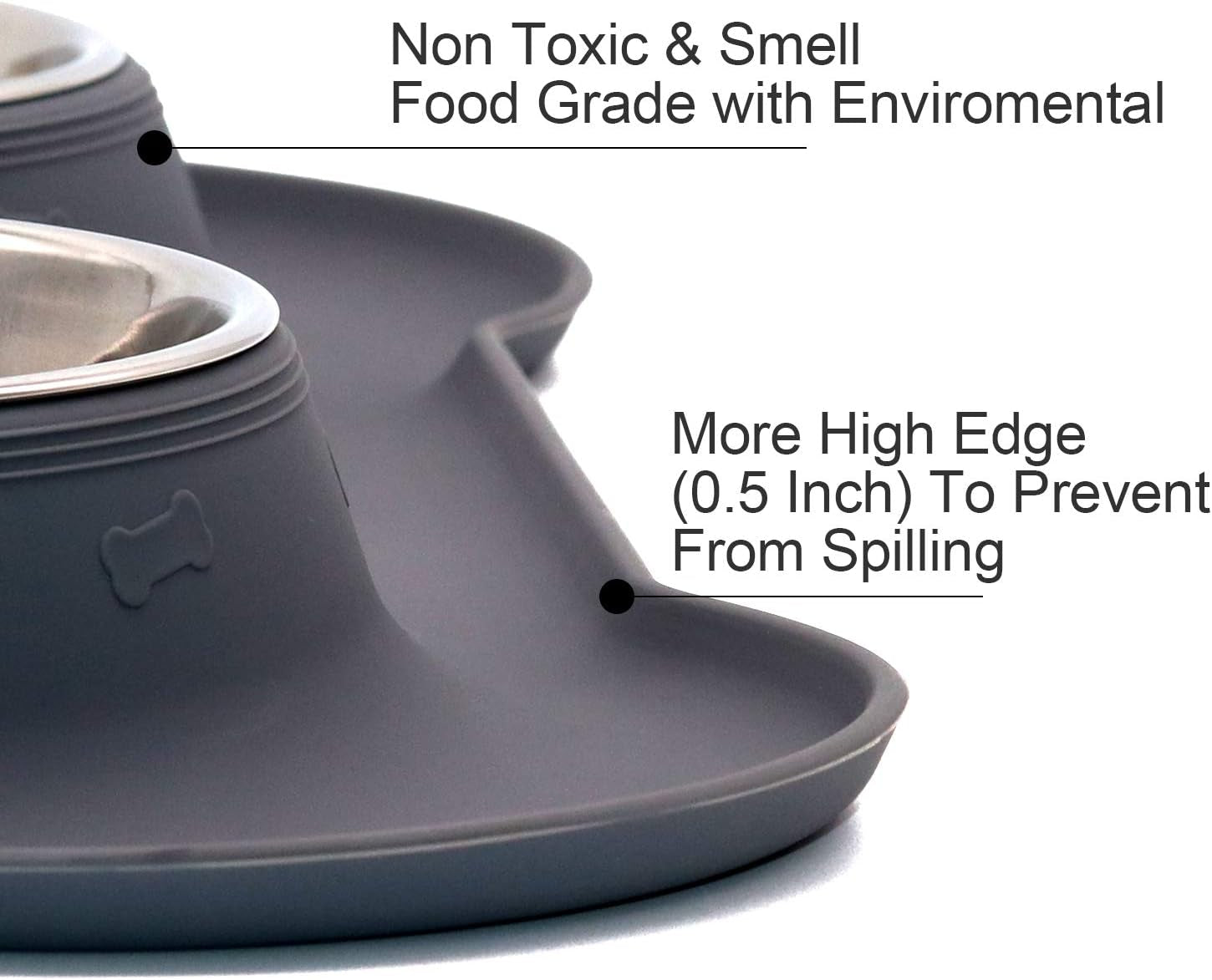 M&J Bone-Shaped Dog Bowl Stainless Steel Dog Bowl, 2 Medium-Sized Bowls (13.3 Ounces Each) Leak-Free, Non-Slip Silicone Pad, Used for Small Dogs, Pets, Cats Feeding Bowls,Gray