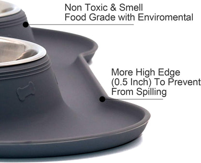 M&J Bone-Shaped Dog Bowl Stainless Steel Dog Bowl, 2 Medium-Sized Bowls (13.3 Ounces Each) Leak-Free, Non-Slip Silicone Pad, Used for Small Dogs, Pets, Cats Feeding Bowls,Gray