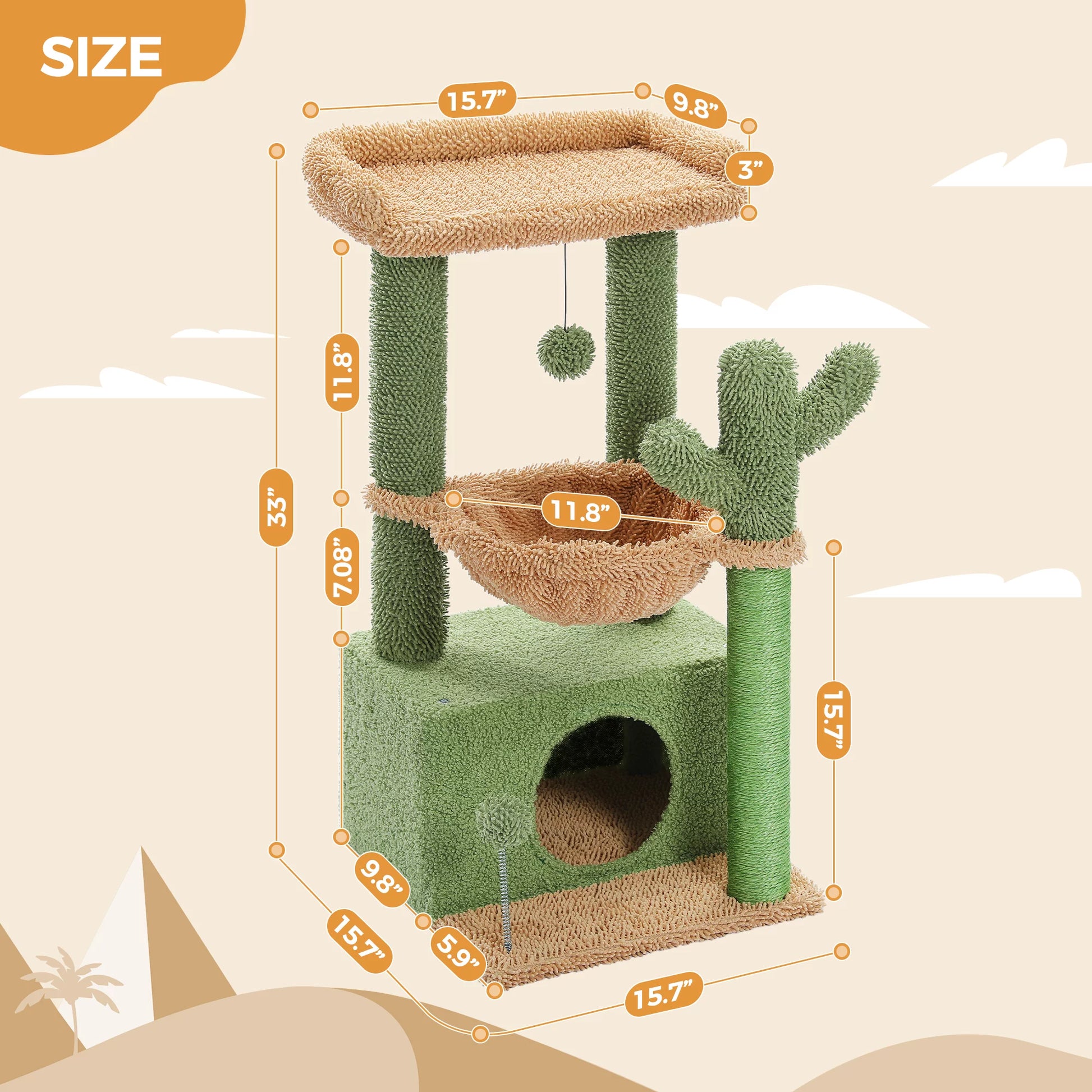 Cute Cactus Cat Tree Tower - 33" Scratching Post with Spacious Top Perch and Cozy Hammock for Medium Indoor Cats - Green