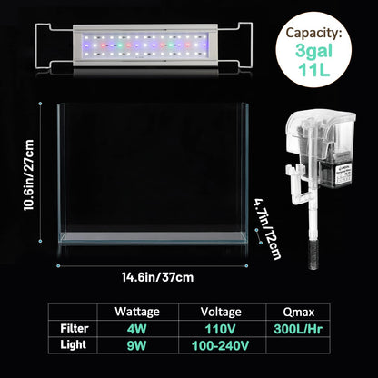 Rimless Glass Aquarium Starter Kit (3 Gal), Ultra Clear Low Iron Glass Fish T...