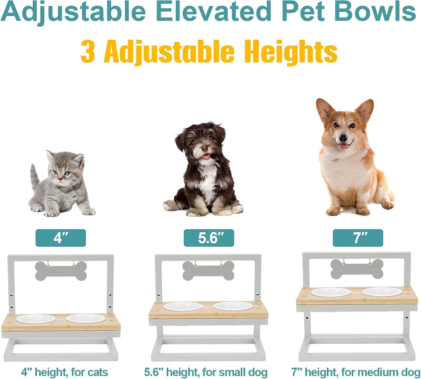 Elevated Dog Feeder, 3 Adjustable Heights, Break-Resistant Melamine Bowls, Suitable for Cats and Small Dogs, 4"H, BPA Free