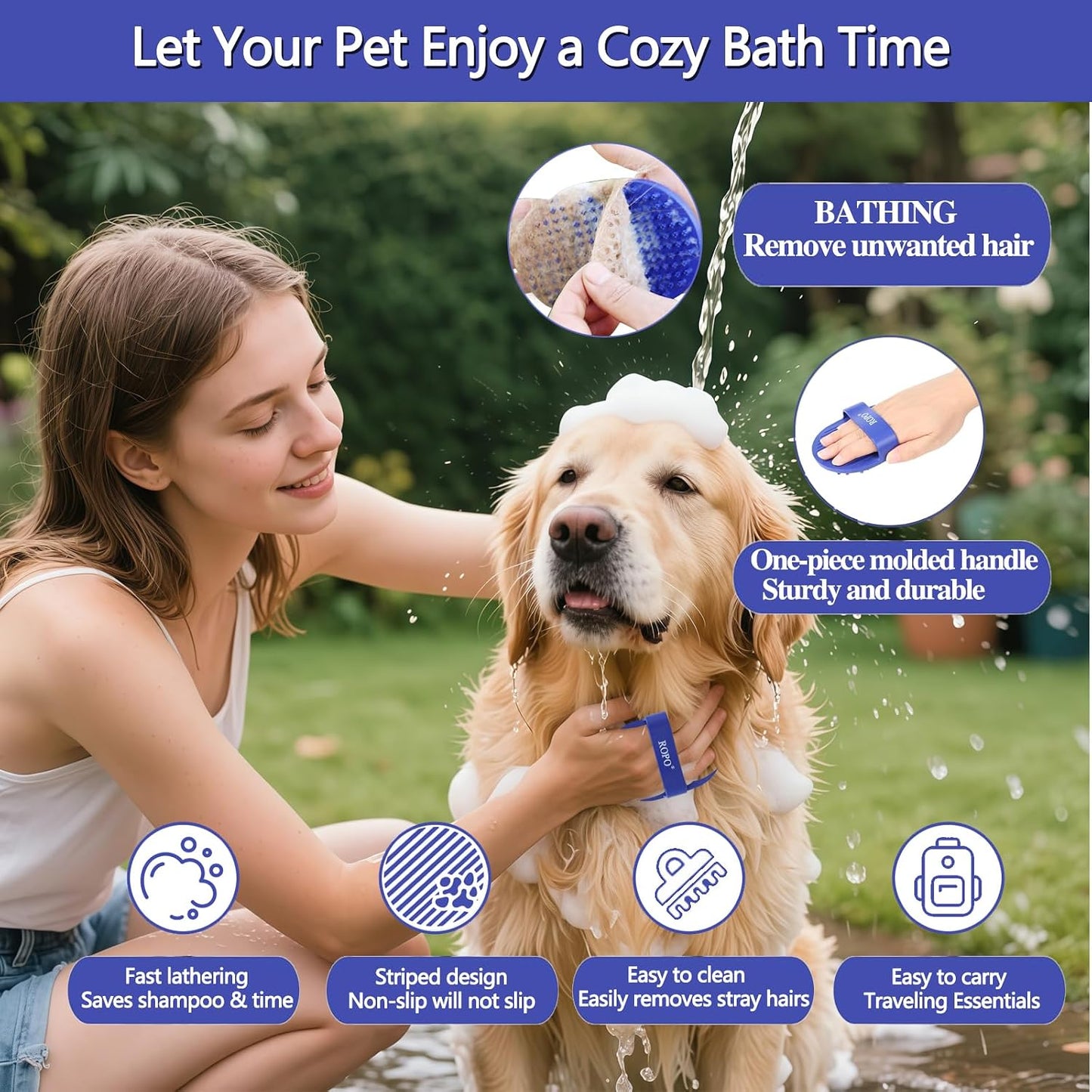 Dog Bath Brush,  Rubber Massage Dog Shampoo Brush, Used for Pet Grooming, Removing Shedding Fur, Combing Tangles and Dead Fur, Suitable for Pet Dogs and Cats (Blue)