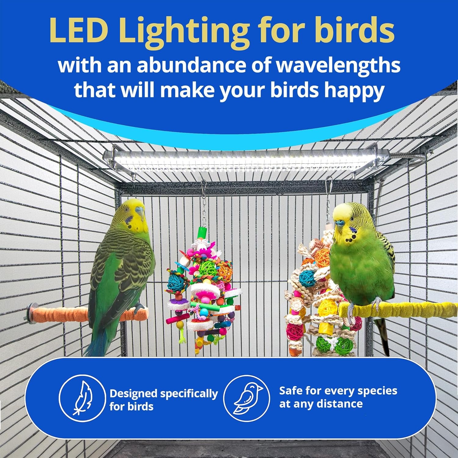 Happybird Lighting Bird Cage Light with Chew Guard - Full Spectrum LED Pet Light - Simulates Natural Environment - Safe for Hookbill Birds – Easy to Install - (10" Long)