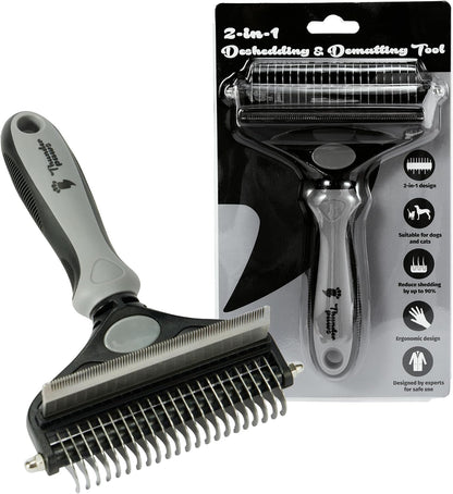 2-In-1 Deshedding Brush and Dematting Rake for Dogs – Double Coat Undercoat Grooming Tool for Medium to Large Breeds, Reduces Shedding by up to 95%