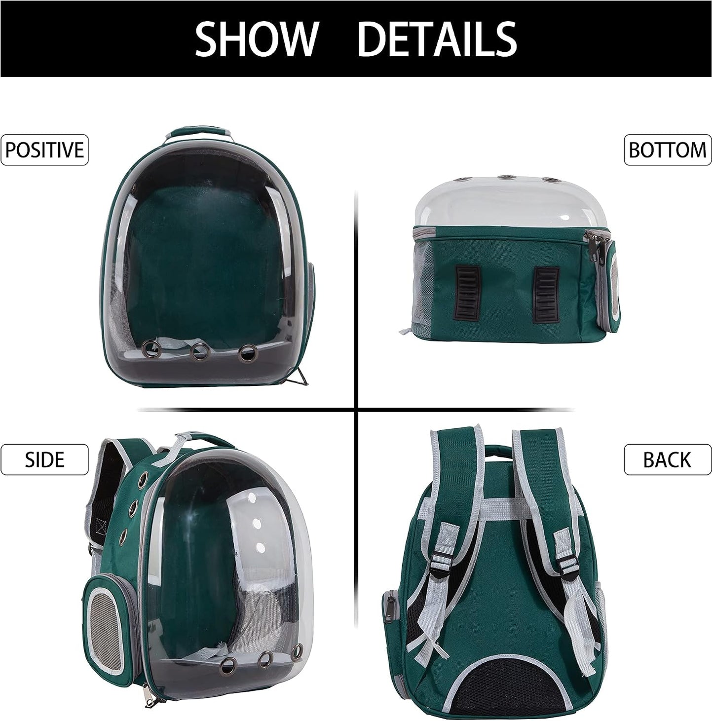 Cat Backpack Bubble Carriers, Airline-Approved Ventilate Transparent Capsule Hands-Free Pet Backpack, for Cats Puppies Travelling Hiking Camping & Outdoor Use (Green)