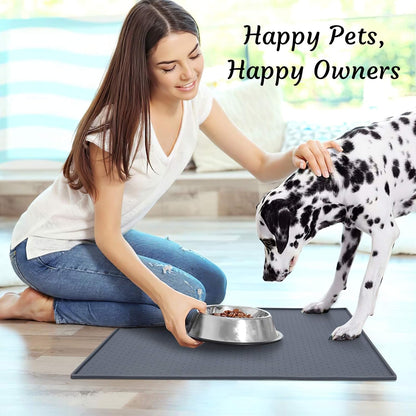 Silicone Dog Food Mat - Waterproof Dog Bowl Mats for Food and Water Bowls, Raised Edges Non-Slip Cat Food Mat, BPA Free Pet Mats for Dog Bowls (Small, Gray)